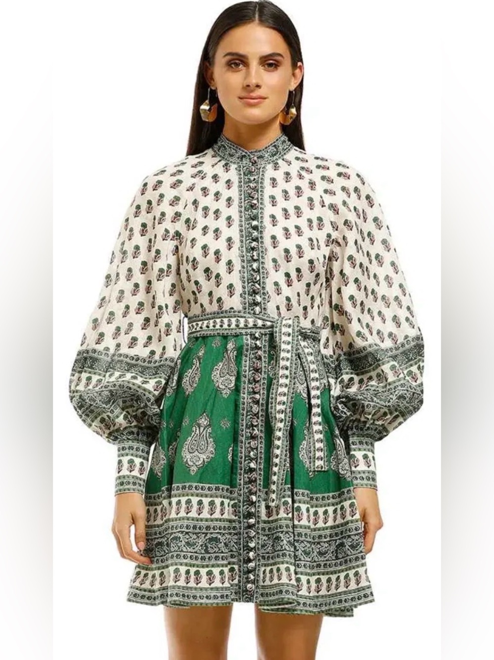 Zimmermann Anneke Spliced Lantern Mini Dress Green & Cream